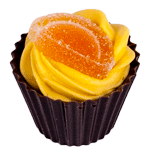 Dark chocolate cup filled with an orange ganache topped with a jelly