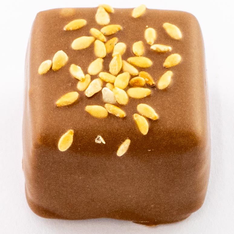 Hazelnut praline with roasted sesames enrobed in pure milk chocolate